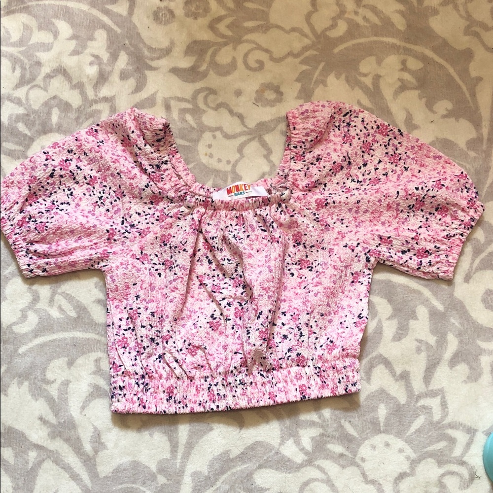 Monkey Girl Pink Floral Puff-Sleeve Cropped Top